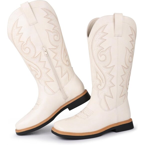 Women's White Embroidered Square Toe Side Zipper Western Mid Calf Dress Boots - Picture 1 of 6
